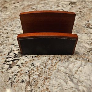 CHERRY WOOD UPRIGHT BUSINESS CARD HOLDER WITH BLACK LEATHER TRIM  BY LIZELL